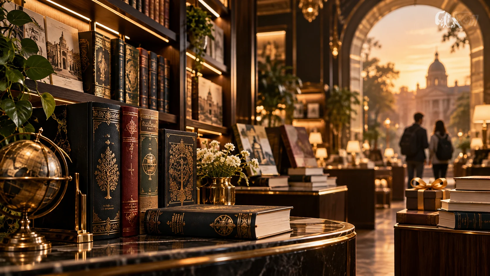 A cinematic scholarly bookstore scene
